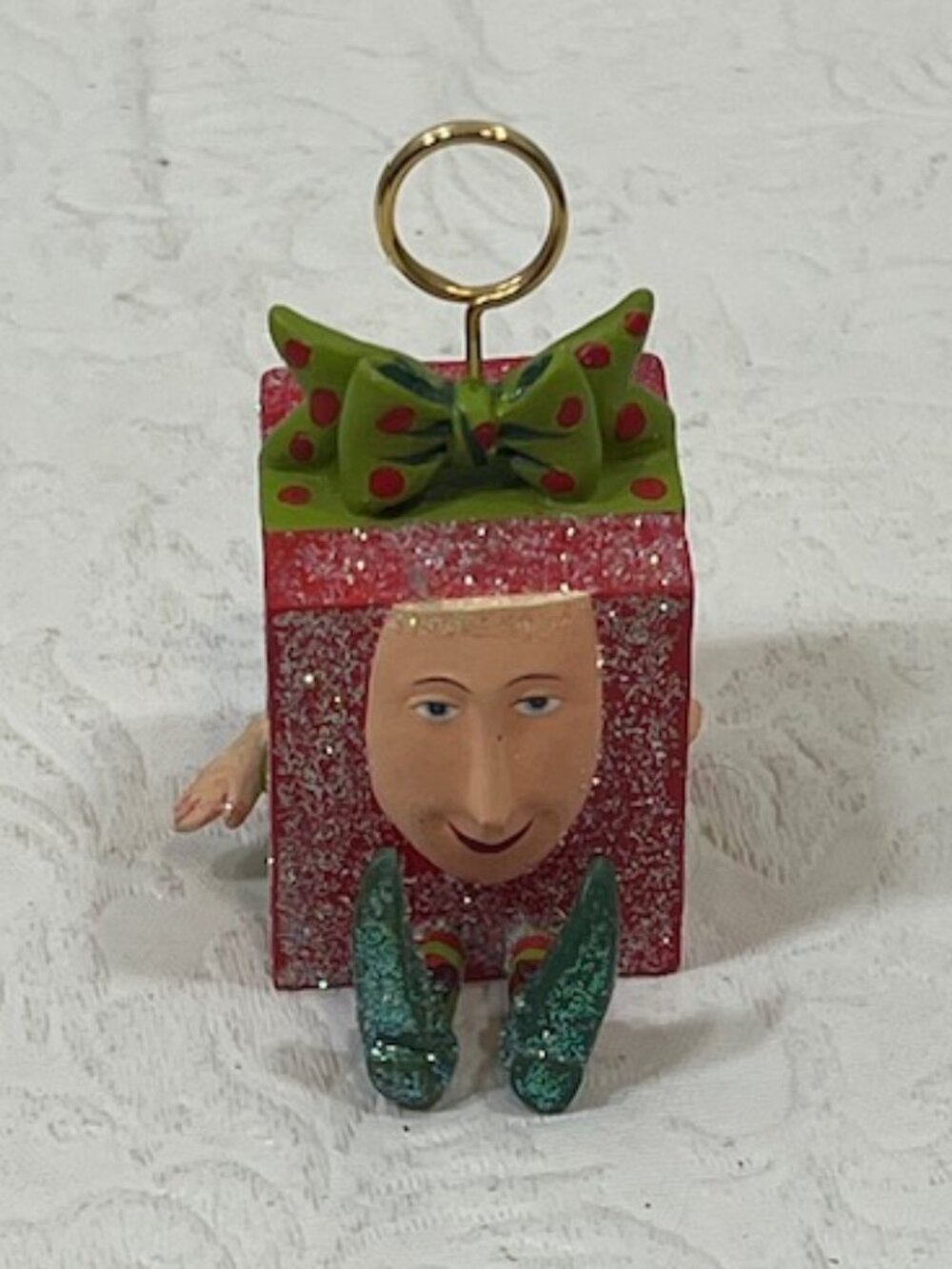 Whimsical Hand Painted Character in Christmas Present Bow Ornament Card Holder